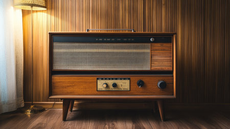 Old-fashioned radio on a wooden cabinet, no people, with ample space for textの素材