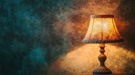 Classic vintage lamp casting a warm glow in a cozy room, no people, ample copy spaceの素材