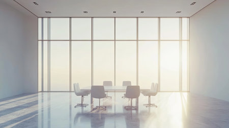 Sleek modern conference room with large windows and natural light, no people, space for copy textの素材