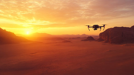 A drone capturing footage of a sunset over the desert, with plenty of sky for copy spaceの素材
