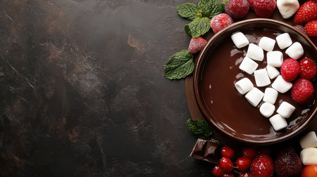 A chocolate fondue with fruits and marshmallows for dipping, with room for textの素材
