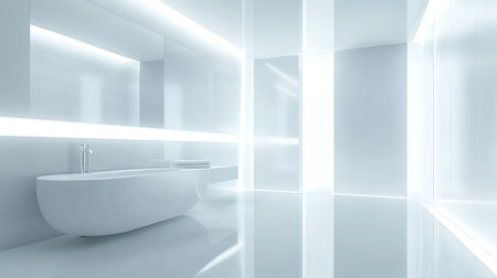 Sleek modern bathroom with large mirror and clean fixtures, no people, with space for textの素材