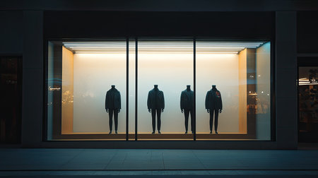 Brightly lit storefront window with mannequins on display and a blank area for promotional textの素材
