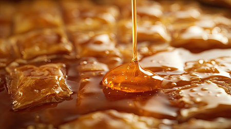 Close-up of baklava with a honey drizzle, with room for International Dessert Day copy.の素材