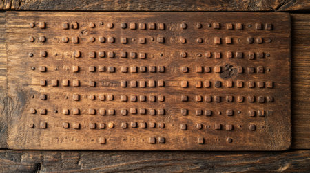 Braille alphabet chart on a wooden background, symbolizing communication support with room for copy spaceの素材