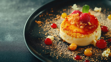 Beautifully plated creme with caramelized top and copy space for Dessert Day messagesの素材