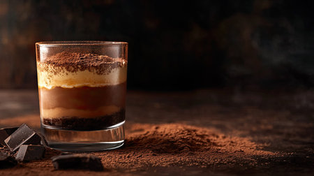 Delicious layered tiramisu in a glass with cocoa powder and copy space for Dessert Day greetings.の素材