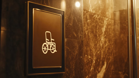 Close-up of an accessible restroom sign with a wheelchair icon, leaving room for National Day of Persons with Disabilities messages.の素材