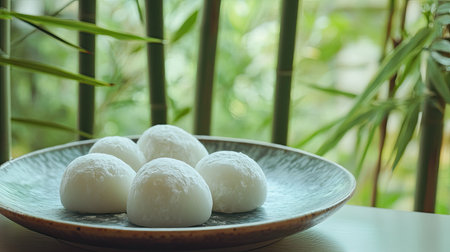 Japanese daifuku mochi on a plate with a background of bamboo, perfect for International Dessert Day.の素材