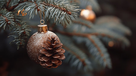 Close-up of a decorated Christmas tree branch with sparkling ornaments and copy space for holiday greetings.の素材