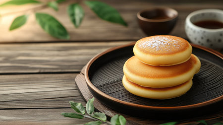 Japanese dorayaki pancakes with sweet filling, with room for International Dessert Day text.の素材