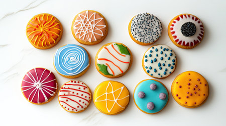 Array of holiday-themed cookies with colorful icing, leaving room for festive copyの素材
