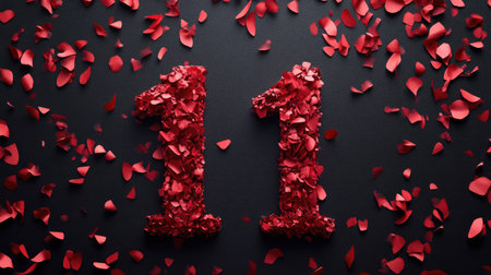 Red confetti scattered around a large 11.11 sign, capturing the excitement of Singles' Day, with ample copy spaceの素材