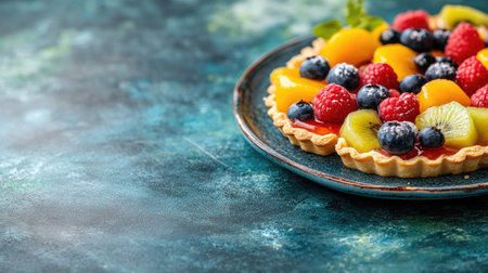 Plate of fruit tarts with colorful toppings, leaving space for copy to celebrate International Dessert Day.の素材