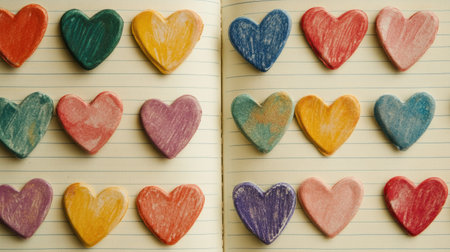 Heart stickers on a plain notebook, representing kindness journaling, with ample space for World Kindness Day copy.の素材