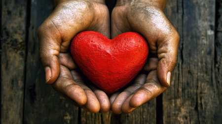 Close-up of hands holding a red heart, symbolizing compassion and kindness, with room for text.の素材