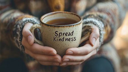 Hands holding a cup of tea with "Spread Kindness" on the mug, set against a soft background with ample copy space.の素材