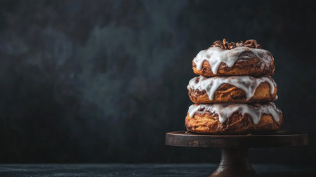 Stack of cinnamon rolls with icing and space for Dessert Day messagesの素材