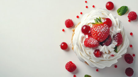 Strawberry shortcake with whipped cream and berries, with ample space for copyの素材