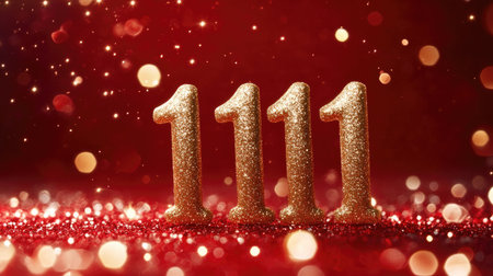 Golden number "11.11" on a red festive background with sparkles, symbolizing Singles' Day celebration, with copy space.の素材