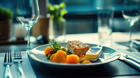 Close-up of a healthy meal plate with a glucometer, representing diabetes management, with room for textの素材