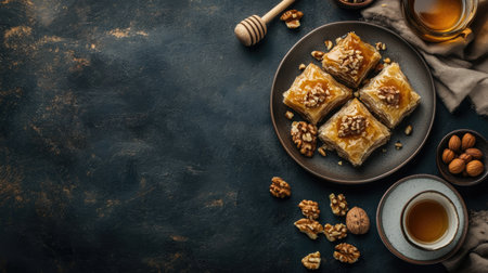 Traditional baklava with nuts and honey, leaving ample copy space for Dessert Dayの素材