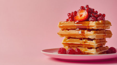 Stack of classic waffles with syrup and fruit, leaving space for festive Dessert Day messagesの素材