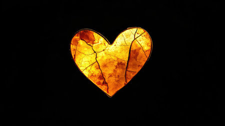 Broken orange heart on a black background, symbolizing awareness, with space for copyの素材