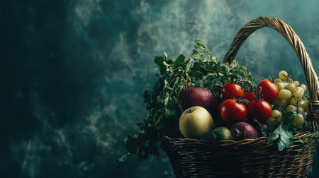 A selection of organic produce in a basket, showcasing freshness, with ample copy space for textの素材