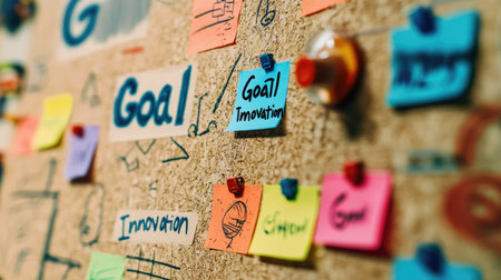 Close-up of a vision board with words like "Goal" and "Innovation" for International Entrepreneur Day, with room for textの素材
