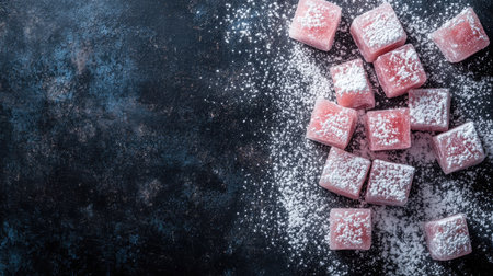 Traditional Turkish delight cubes dusted with powdered sugar, with copy space for Dessert Dayの素材