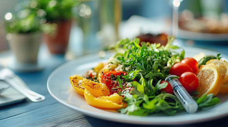 Close-up of a healthy meal plate with a glucometer, representing diabetes management, with room for textの素材