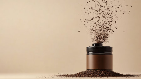 Coffee grinder in action, close-up of grounds falling into the container, on a plain background with copy spaceの素材
