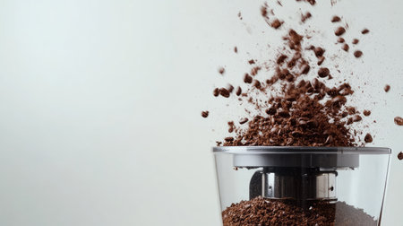Coffee grinder in action, close-up of grounds falling into the container, on a plain background with copy spaceの素材
