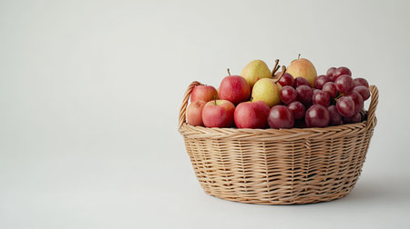 Fresh produce in a woven basket on a light background, with ample copy space for supermarket promotionsの素材