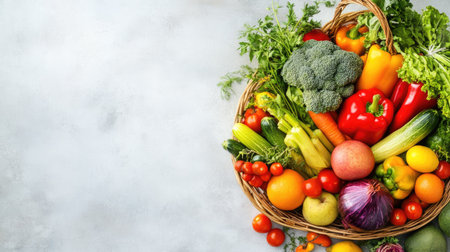 Fresh fruits and vegetables in a shopping basket on a light background, with copy spaceの素材