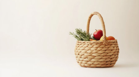 Fresh produce in a woven basket on a light background, with ample copy space for supermarket promotionsの素材