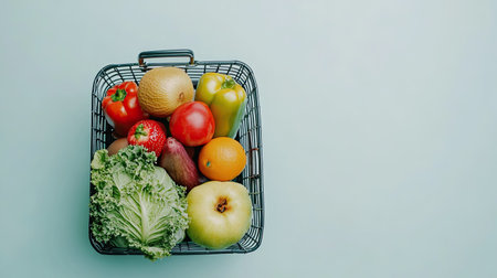 Fresh produce in a supermarket basket, top view, with space for health-themed textの素材