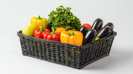Healthy produce selection in a supermarket basket on a light background, with ample copy spaceの素材