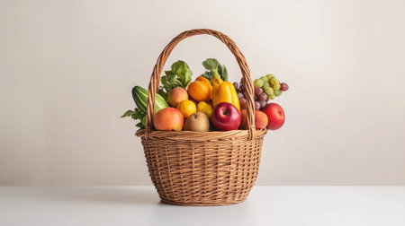 Mixed fresh produce arranged in a basket on white table, with ample space for healthy eating textの素材