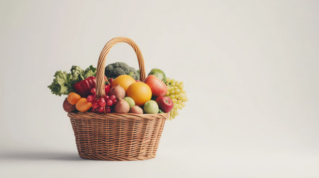 Market basket brimming with fresh produce on white, with ample room for copyの素材