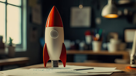 Model rocket on a desk with planning notes for a startup launch, symbolizing entrepreneurship, with room for textの素材