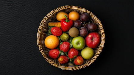 Mixed fruits and vegetables in a woven basket, top view, with room for grocery-themed copyの素材