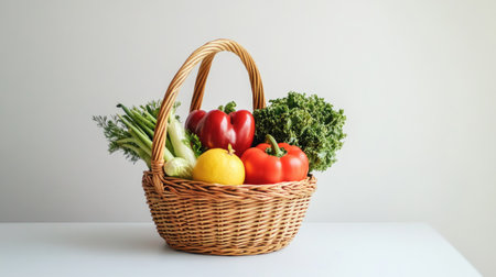 Mixed fresh produce arranged in a basket on white table, with ample space for healthy eating textの素材