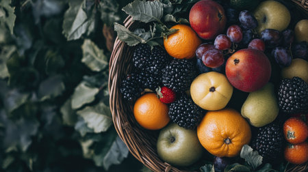 Mixed fruits and veggies in a basket, top view, with ample room for healthy eating textの素材