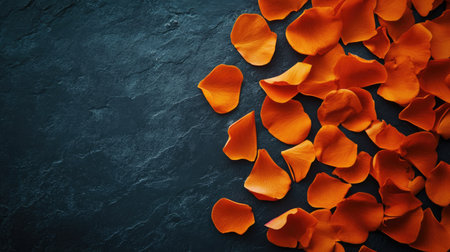 Orange petals scattered on a dark surface, symbolizing support, with room for copy textの素材