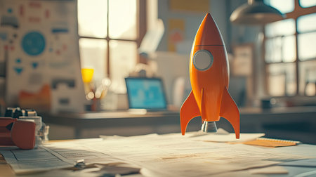 Model rocket on a desk with planning notes for a startup launch, symbolizing entrepreneurship, with room for textの素材