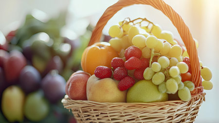 Organic fruits and vegetables in a market basket, with blank space for promotional messagesの素材