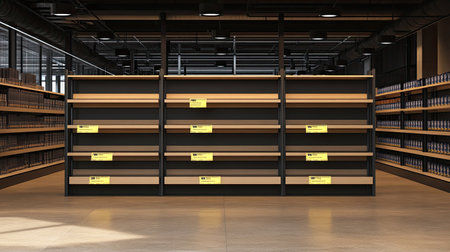 Shelves in a store with Black Friday tags and promotional signs, with space for marketing textの素材