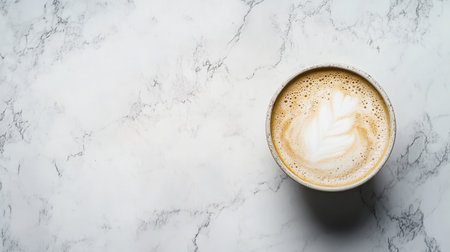 Top view of latte with foam on a marble surface, with open space for messagesの素材
